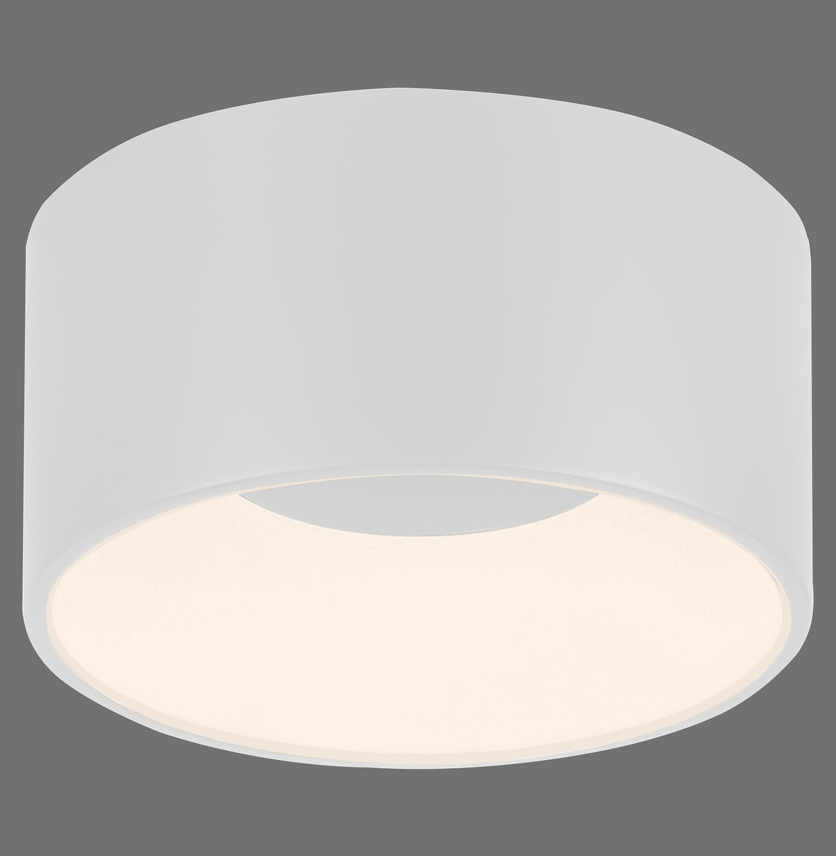 Vue de face du plafonnier blanc cylindrique avec diffuseur lumineux allumé