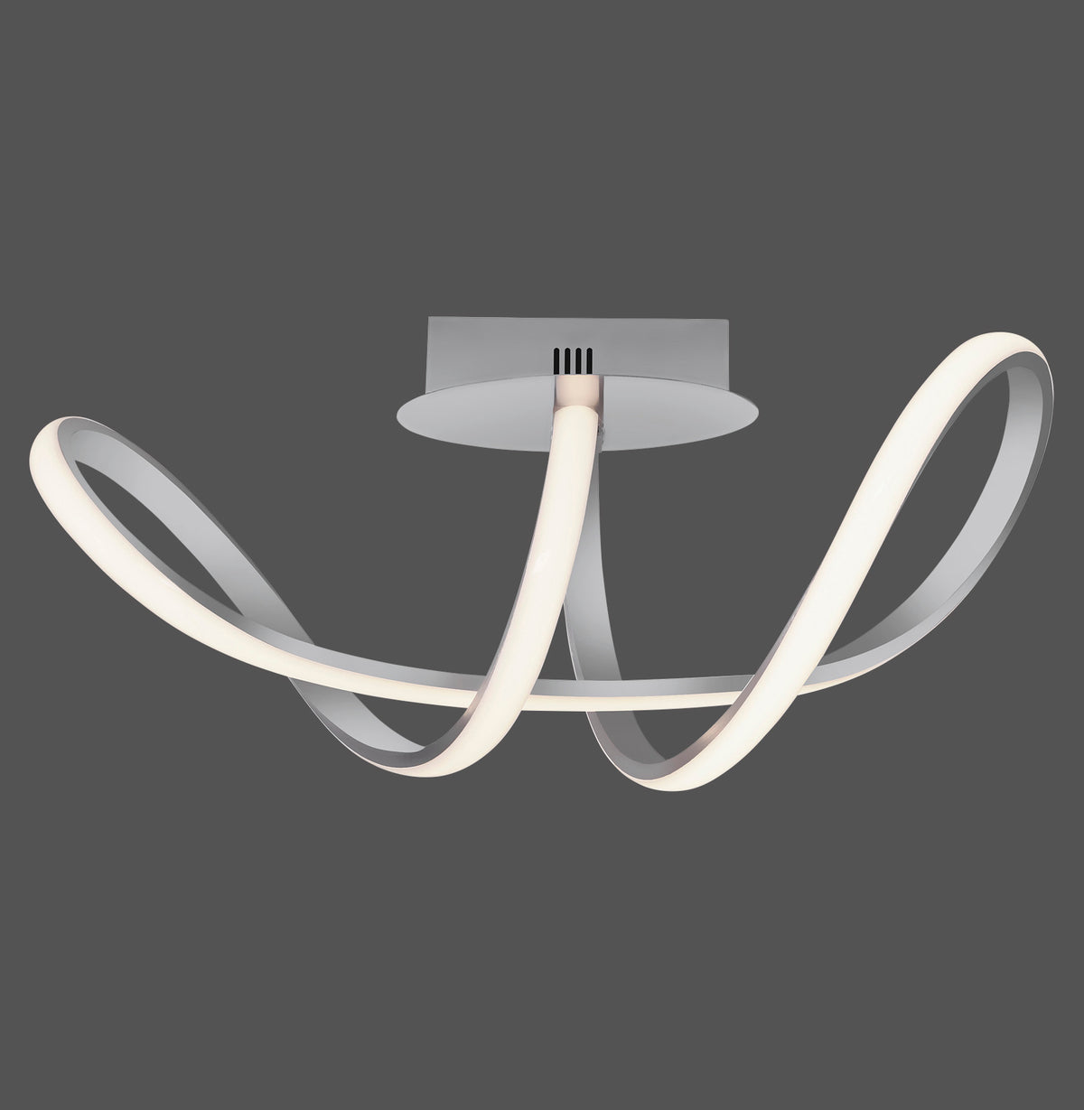 Plafonnier argenté à boucles LED croisées, présenté de face sur fond gris anthracite.
