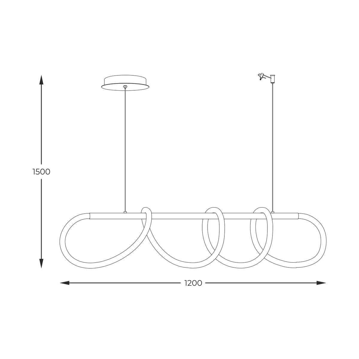 Plan de dimensions du luminaire : hauteur 1500 mm et largeur 1200 mm.