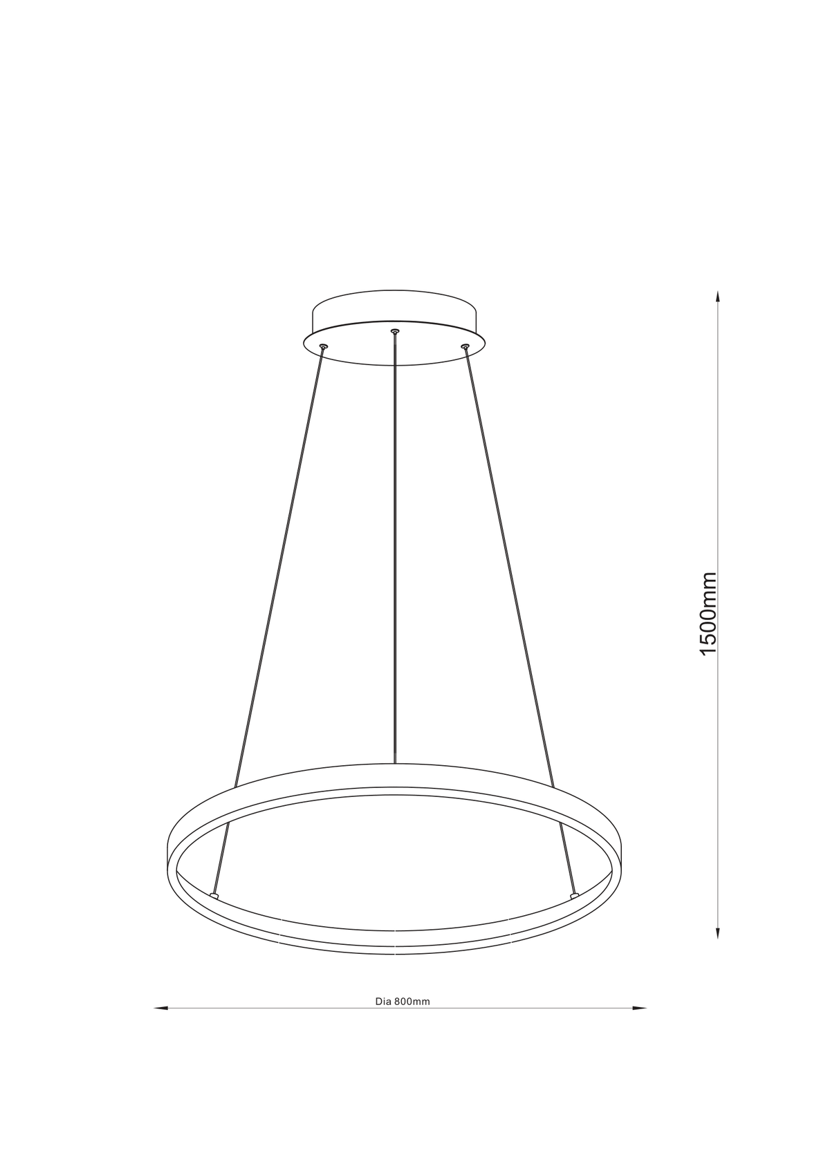 Schéma technique coté : hauteur 1500 mm et diamètre 800 mm du luminaire