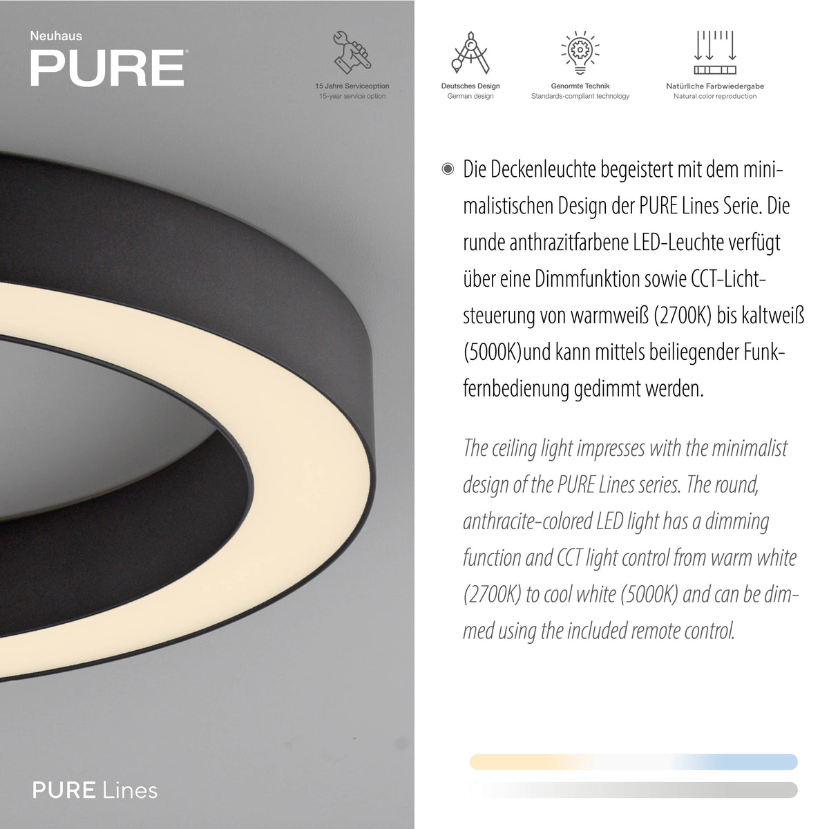 Détail rapproché du bandeau diffusant et descriptif technique du design minimaliste