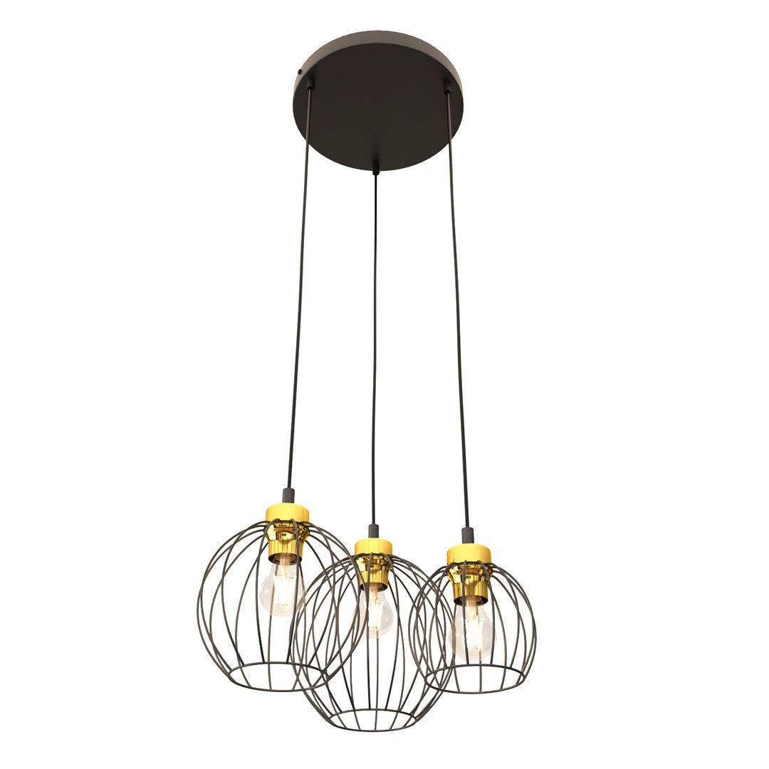 Produit de face sur fond blanc, suspension trois lumières noires et dorées.