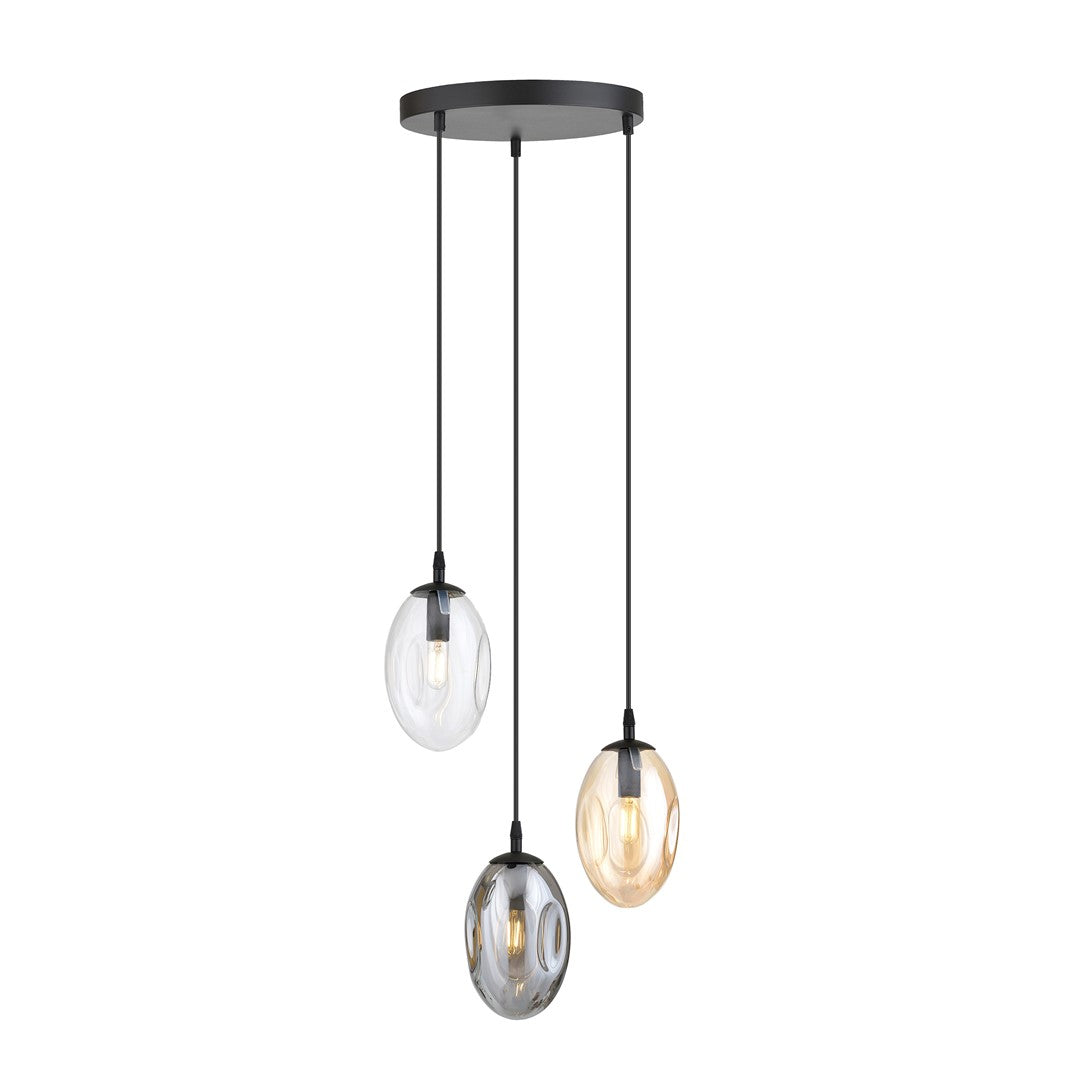 Suspension noire à trois abat-jours ovales en verre clair, fumé et ambré.