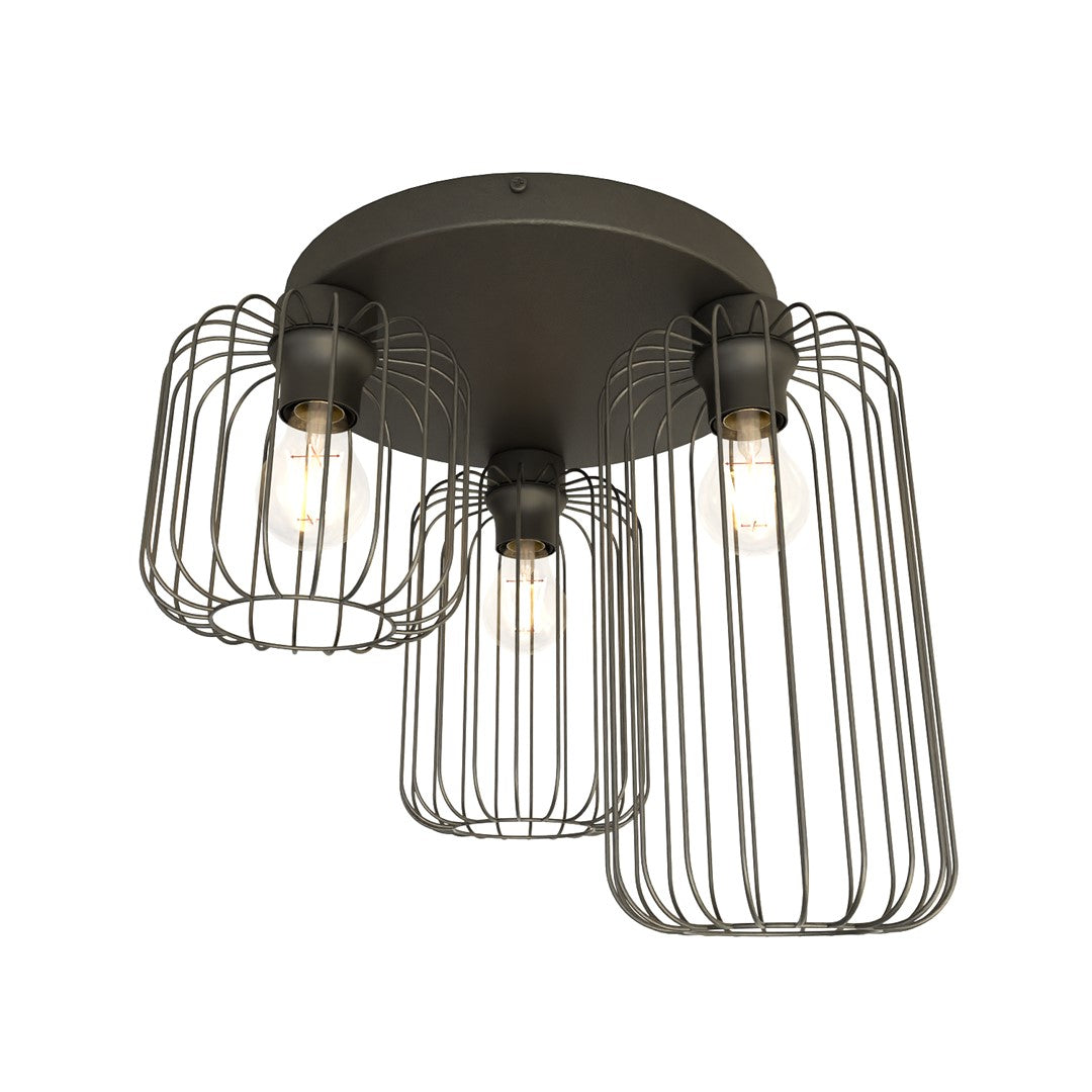 Plafonnier noir trois lumières vu de face sur fond blanc, cages métalliques ajourées