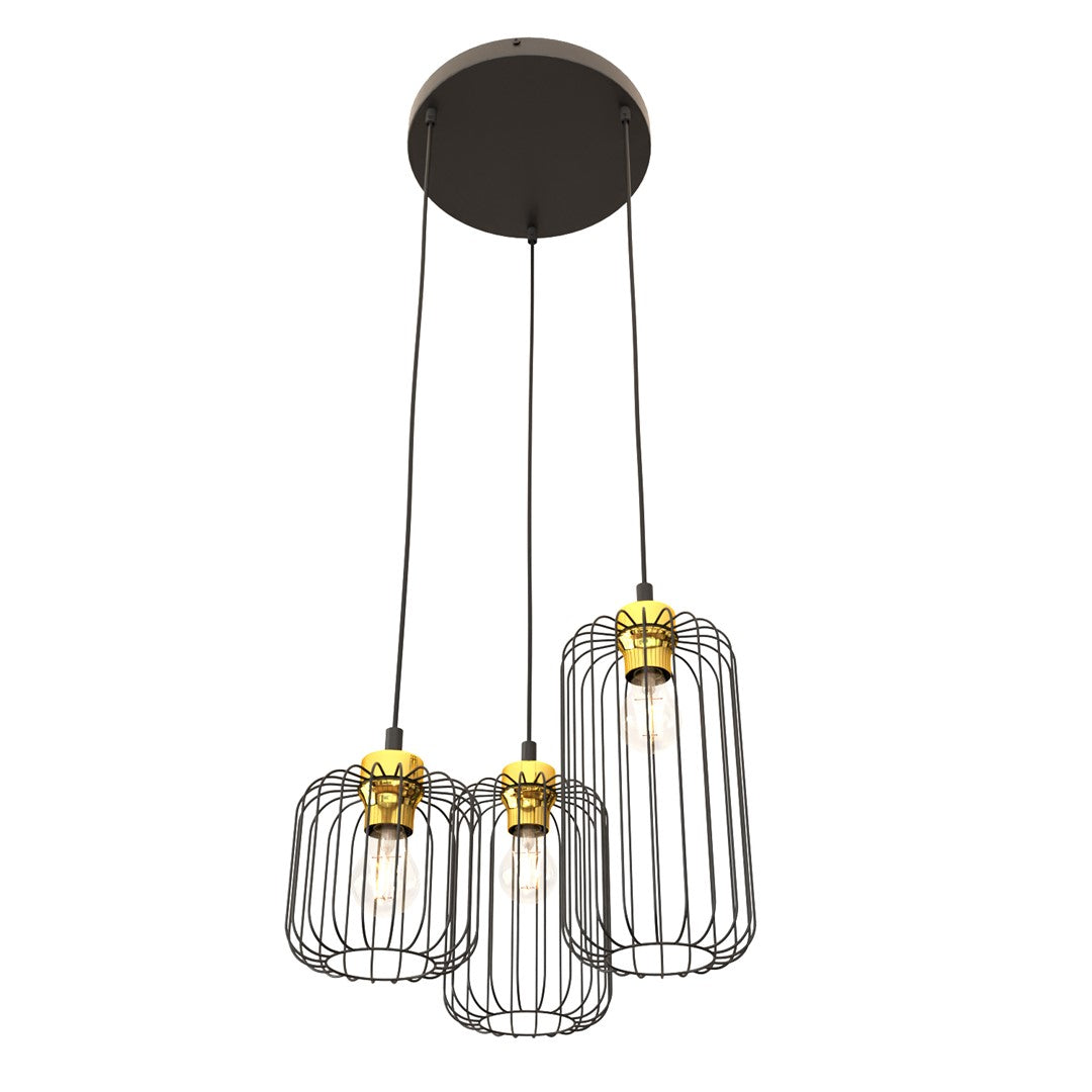 Vue de face du luminaire suspendu avec trois cages métalliques noires et douilles dorées.