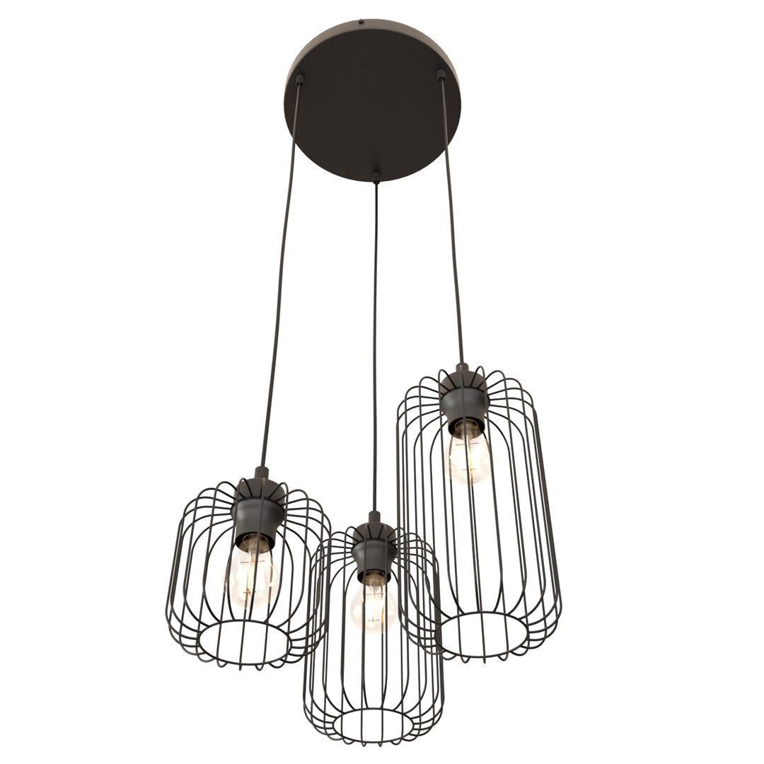 Vue en contre-plongée de la suspension en métal noir avec ses ampoules.
