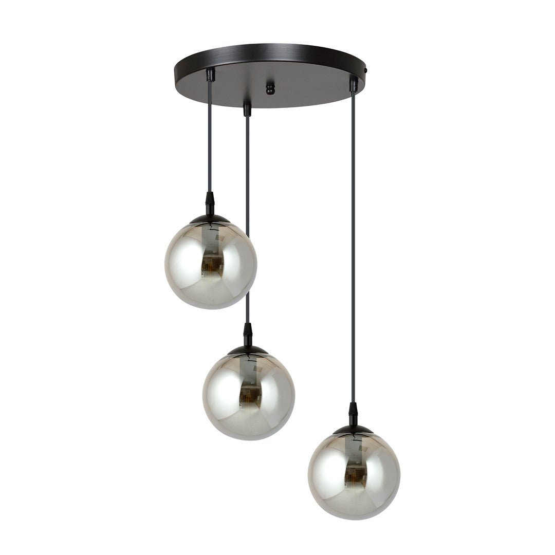 Vue de face, suspension éteinte, trois sphères en verre graphite et câbles noirs