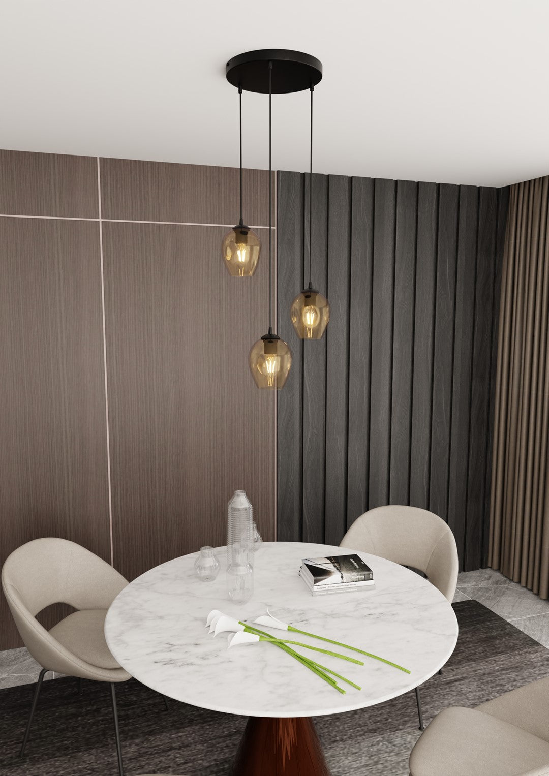 Suspension installée au-dessus d'une table ronde en marbre dans une salle à manger moderne.