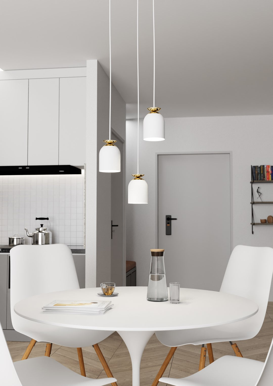Mise en ambiance cuisine ouverte, suspension au-dessus de la table avec carafe et verres