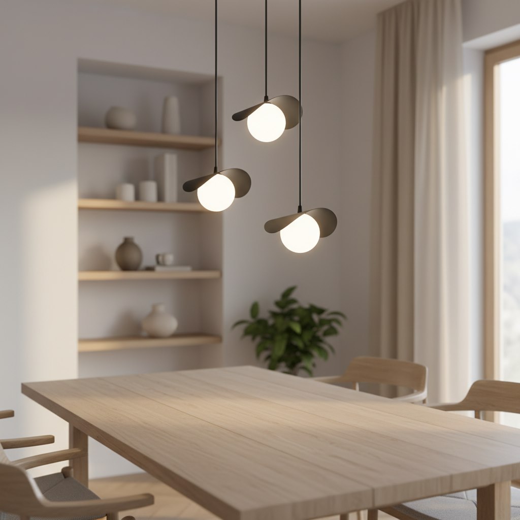 Mise en ambiance au-dessus d'une table de salle à manger en bois clair