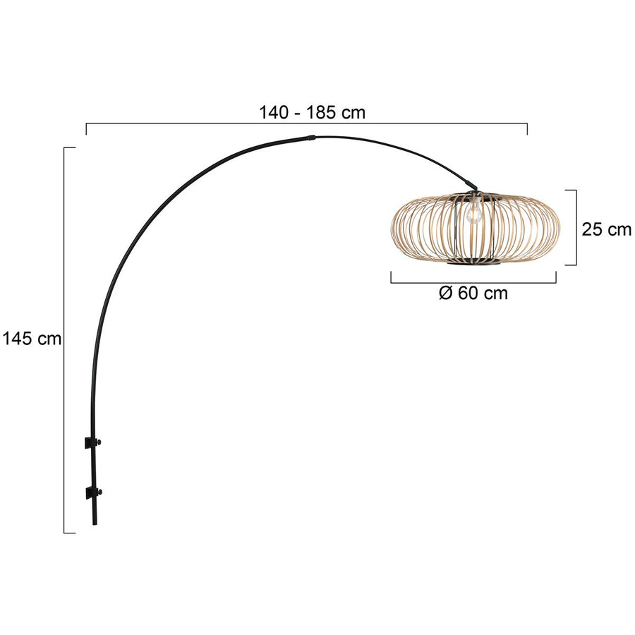 Schéma coté : hauteur 145 cm, portée 140 à 185 cm, abat-jour Ø60 cm