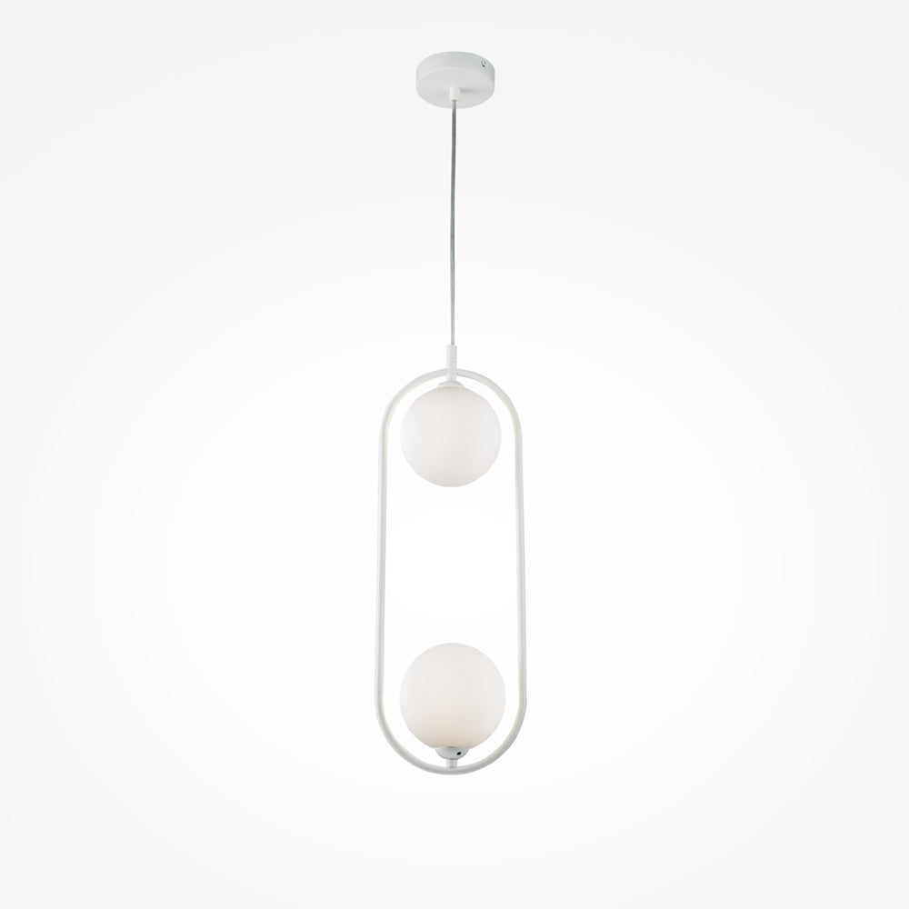 Suspension blanche vue de face, anneau ovale vertical et deux globes opalins
