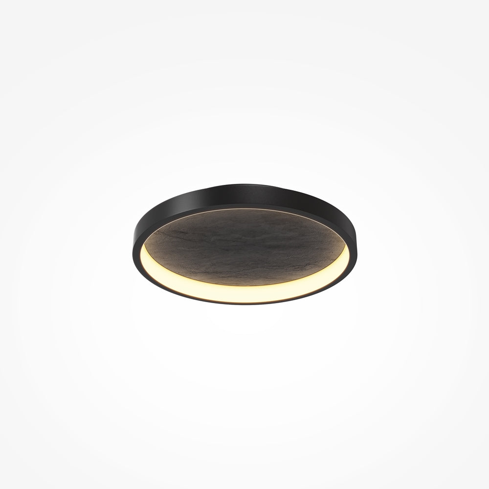 Vue de dessous du plafonnier rond noir, diffuseur texturé et anneau lumineux
