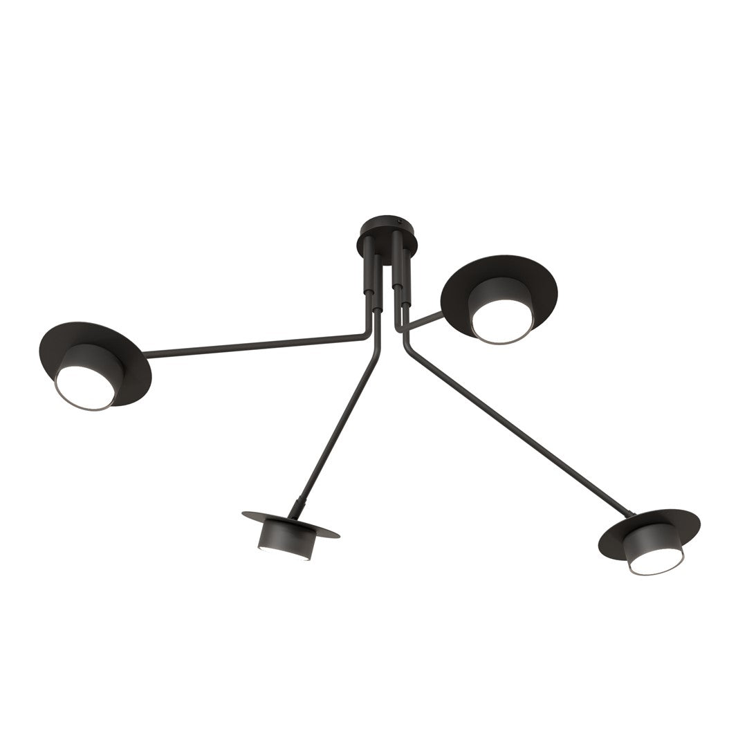 Plafonnier noir à quatre bras coudés orientables, vue de face sur fond blanc