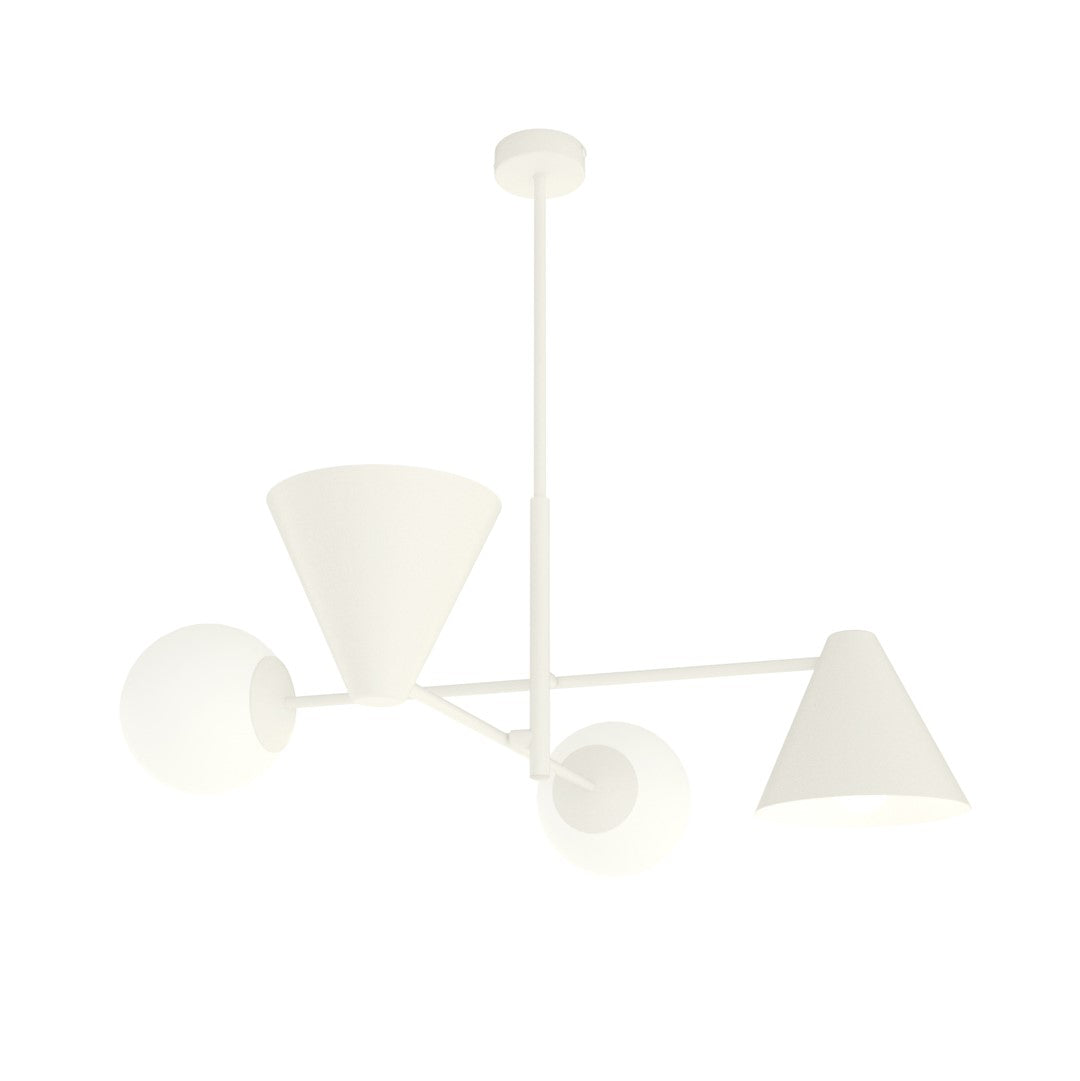 Lustre blanc à quatre lumières vu de face, cônes et globes opalins.