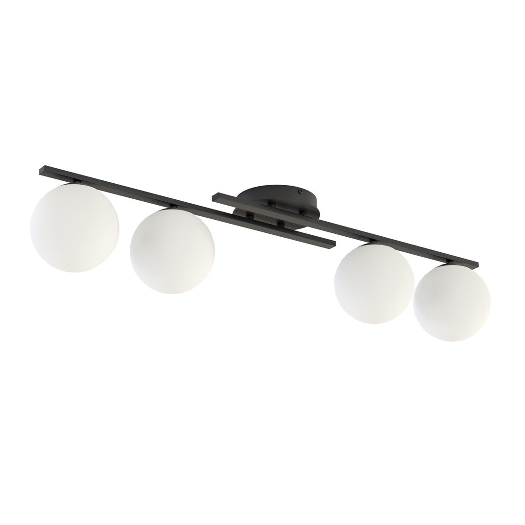 Vue de face du luminaire noir à quatre globes opales alignés sur une barre