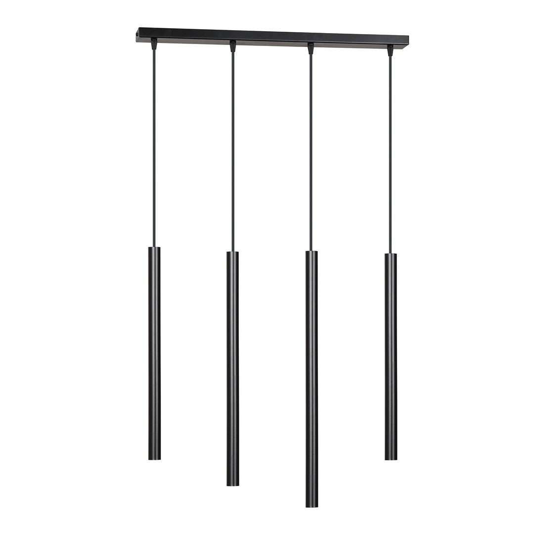 Suspension noire à quatre tubes cylindriques sous une barre rectangulaire, fond blanc