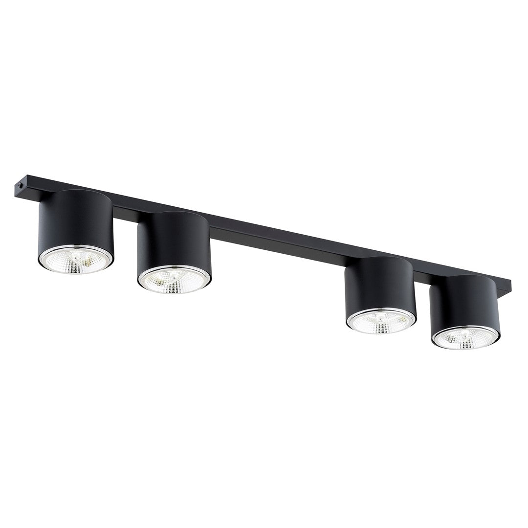 Plafonnier quatre spots noirs sur rail rectangulaire, vue de trois quarts sur fond blanc
