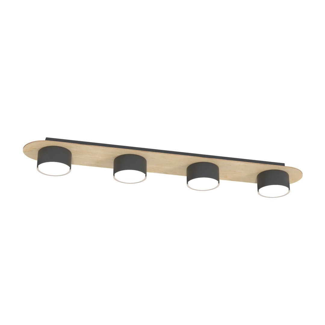Vue de face du plafonnier quatre spots cylindriques noirs sur platine bois clair
