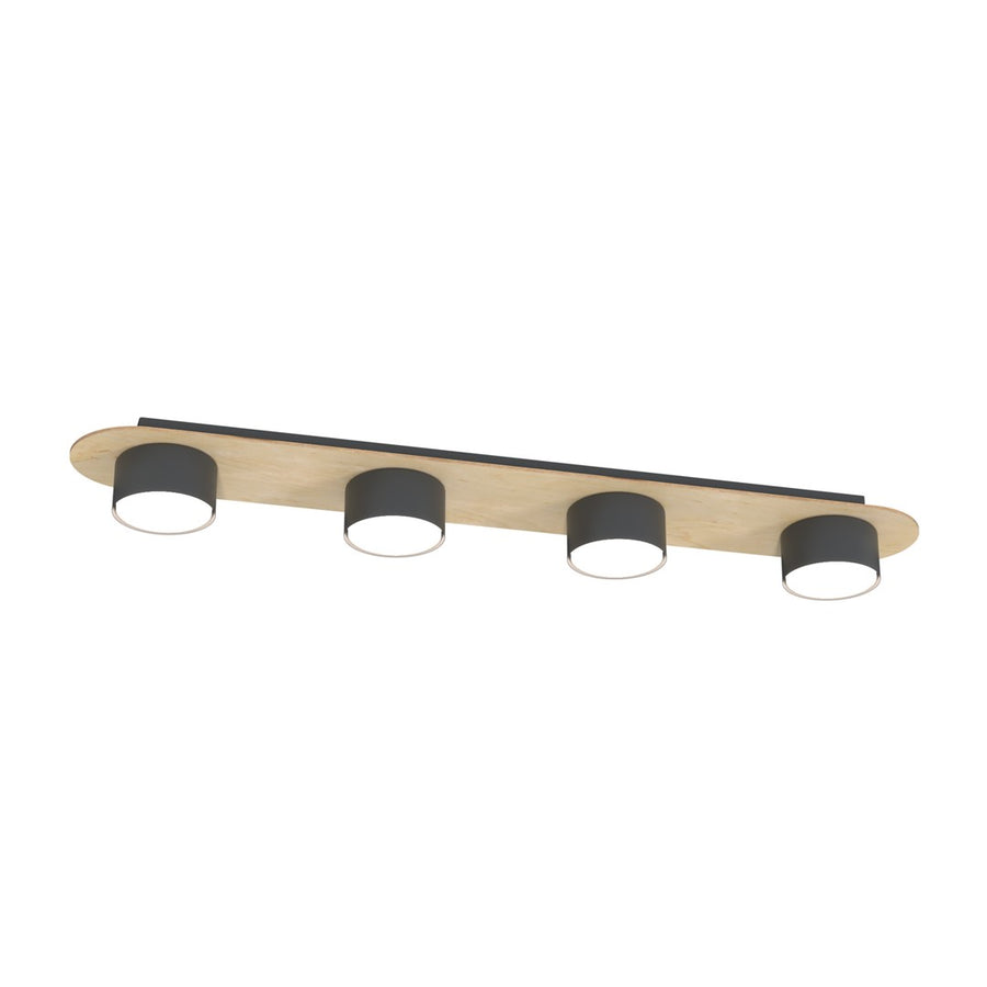 Vue de face du plafonnier quatre spots cylindriques noirs sur platine bois clair