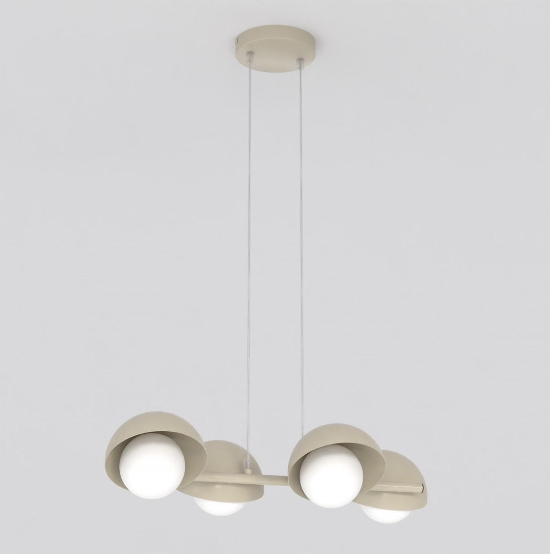 Vue de face de la suspension, quatre globes blancs sous coupelles beige