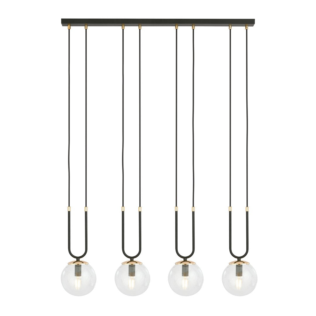 Vue de face du luminaire suspendu à quatre globes de verre transparent