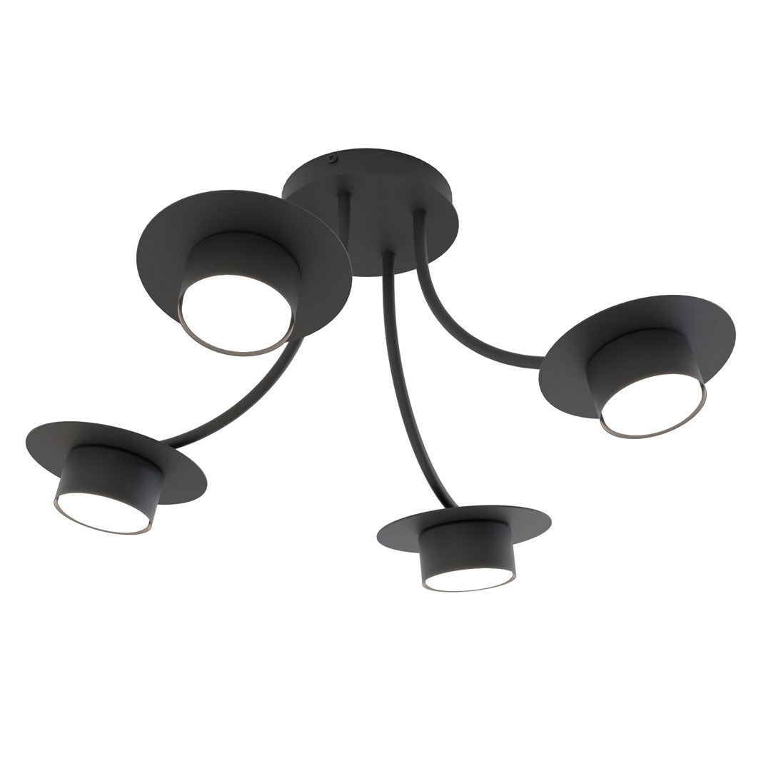 Luminaire noir à quatre bras courbés et diffuseurs ronds, vue de trois quarts