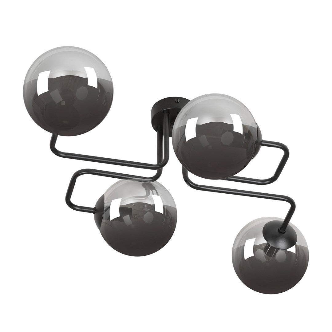 Plafonnier quatre globes en verre fumé graphite, structure noire, vue de face sur fond blanc