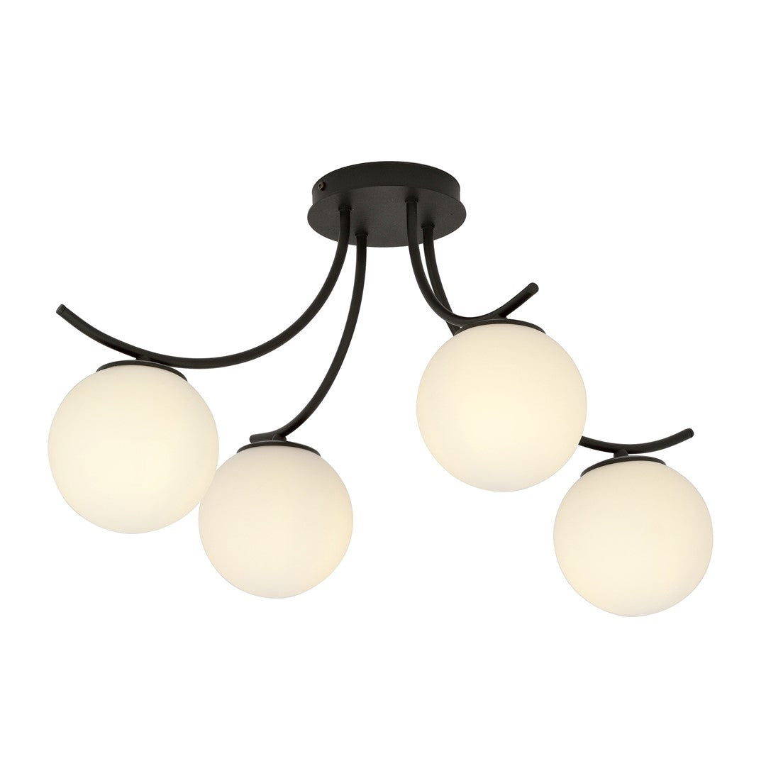 Plafonnier noir quatre globes de verre opale, vue de face sur fond blanc