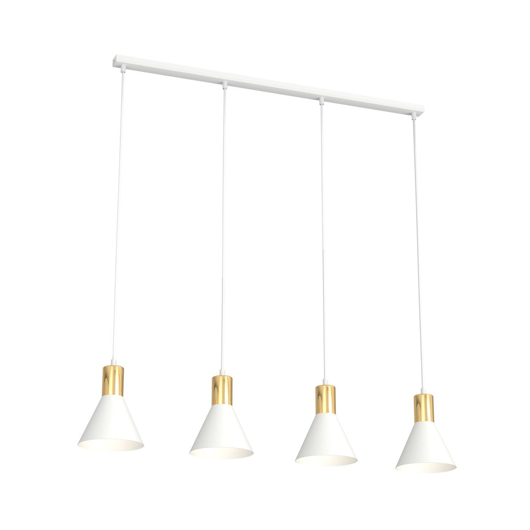 Suspension quatre cônes blancs sur barre, douilles dorées, fond studio blanc.