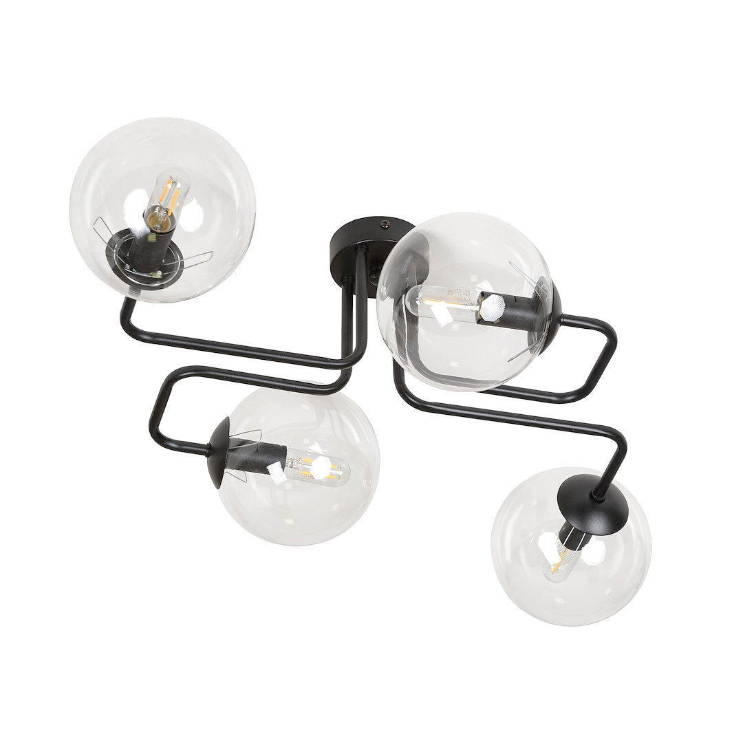 Plafonnier quatre lumières vu de face, bras métal noir et globes en verre transparent