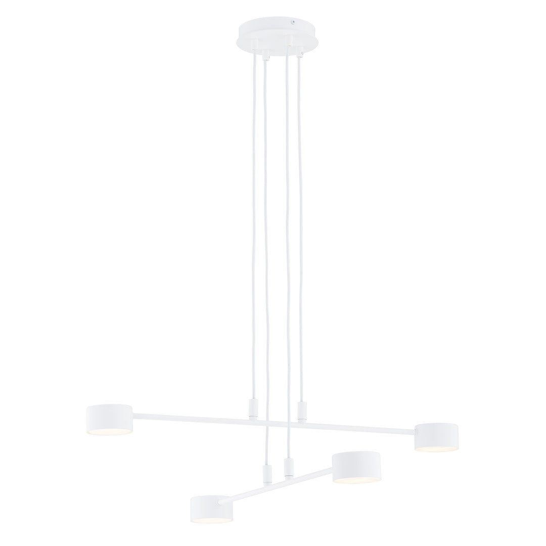 Vue d'ensemble du luminaire blanc suspendu, fond neutre, têtes allumées
