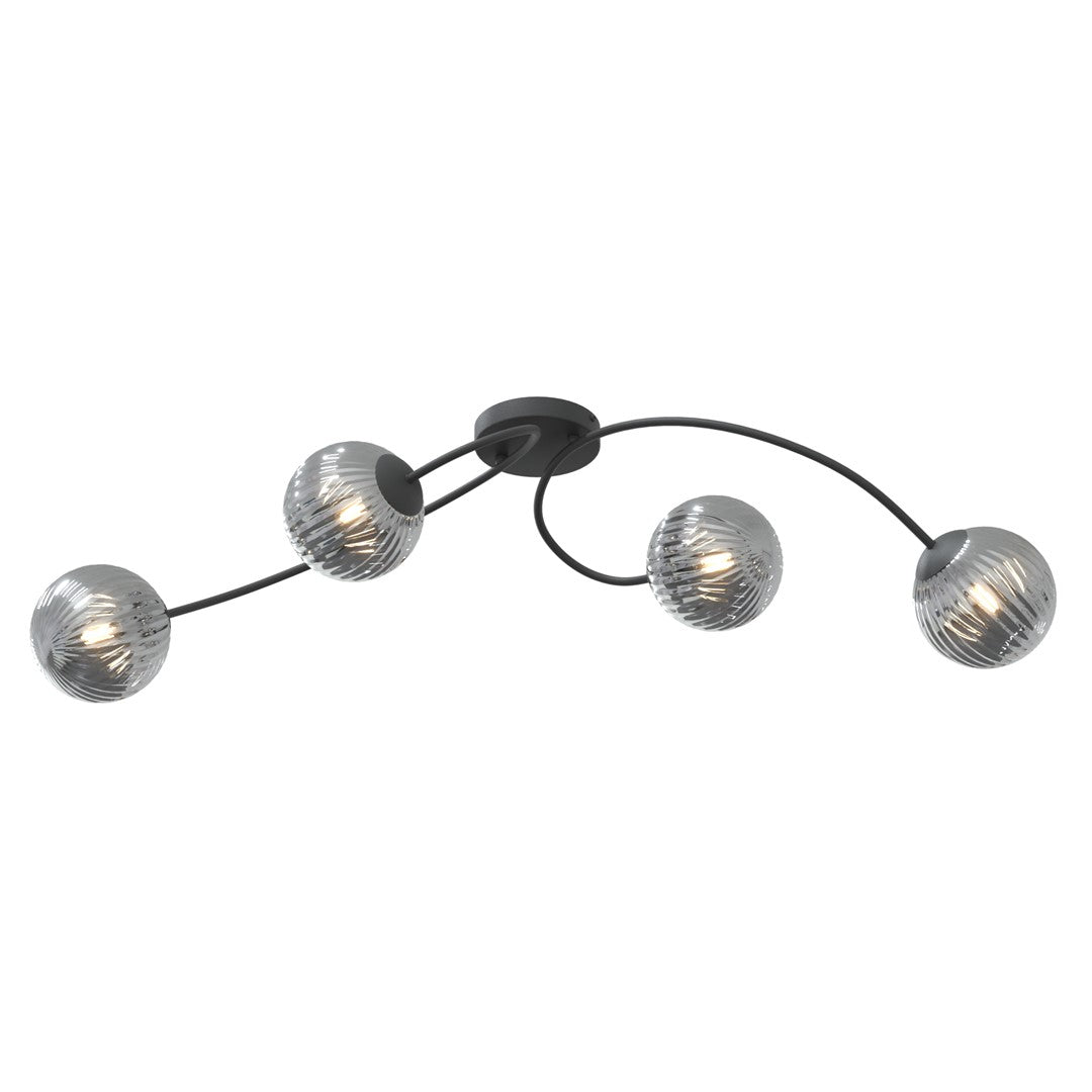 Vue de face du plafonnier à quatre globes en verre graphite sur bras courbés noir mat