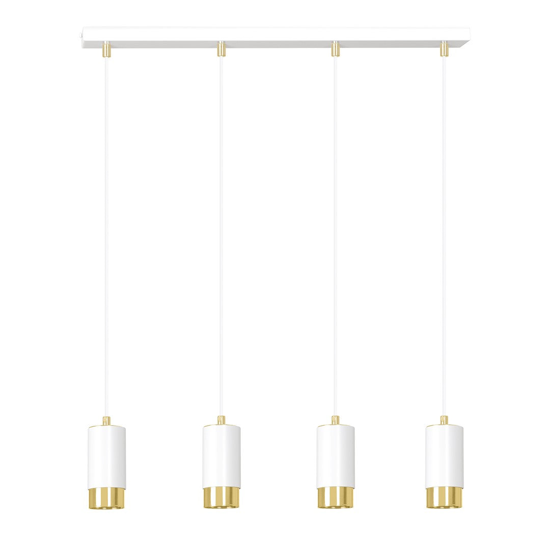 Suspension quatre lumières vue de face, barre blanche et cylindres à base dorée