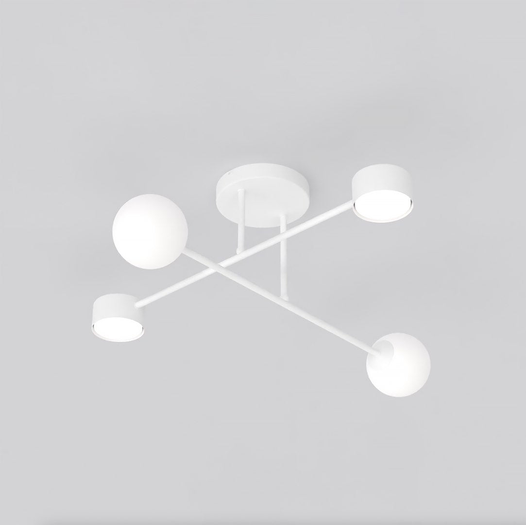 Plafonnier blanc vu de dessous, bras croisés, deux globes et deux diffuseurs cylindriques