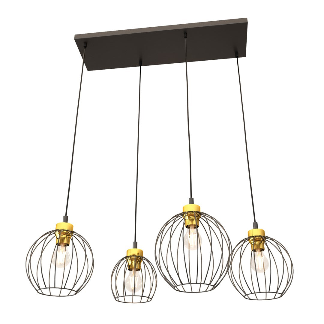 Vue de face du luminaire à quatre cages sphériques noires avec douilles dorées suspendues