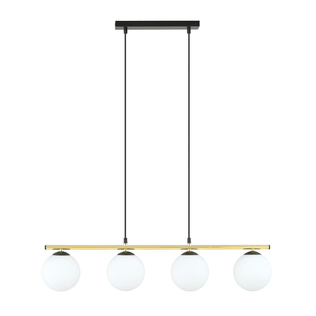 Suspension à quatre globes de verre opale blanc sur barre dorée, vue de face