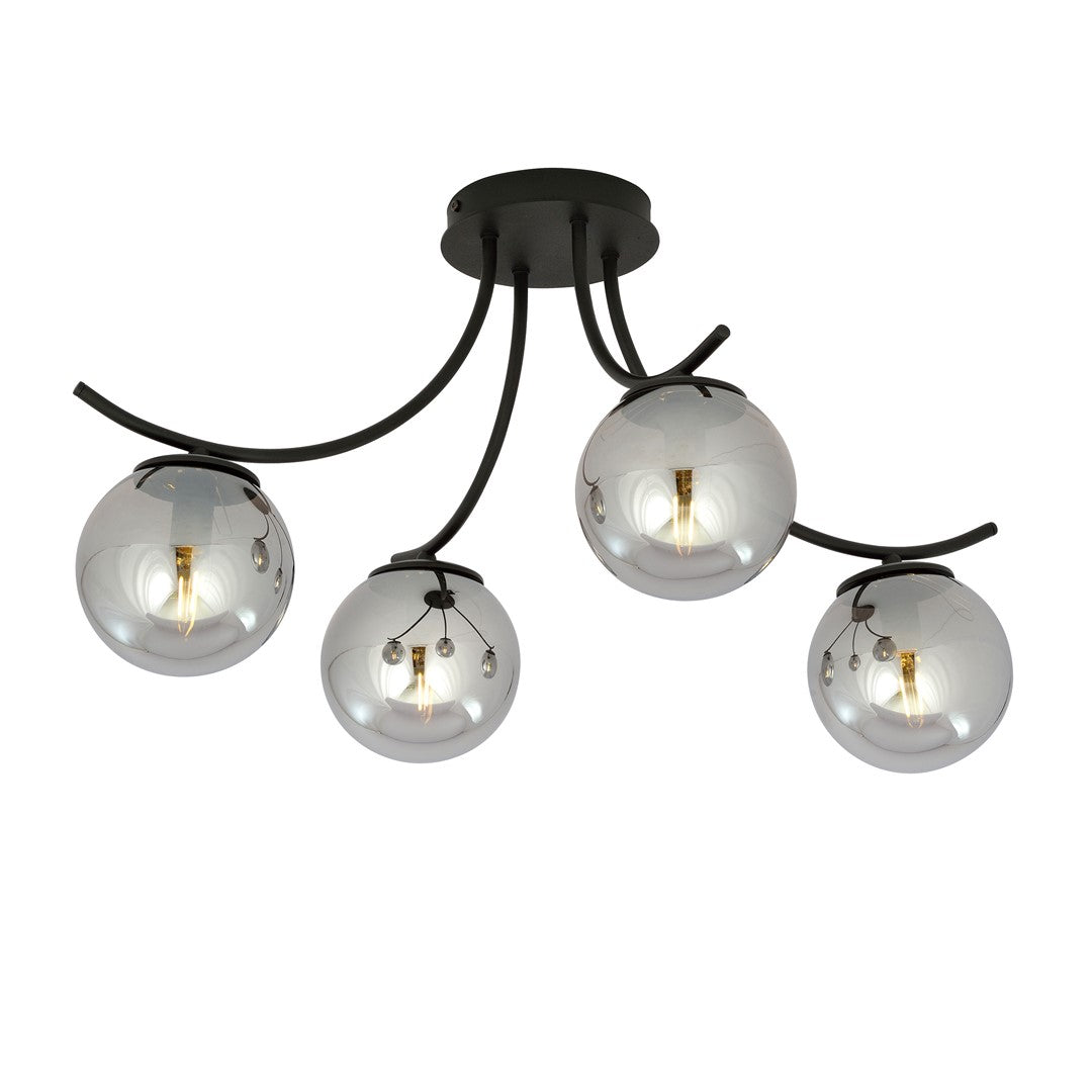 Vue de face du plafonnier noir à quatre globes de verre graphite