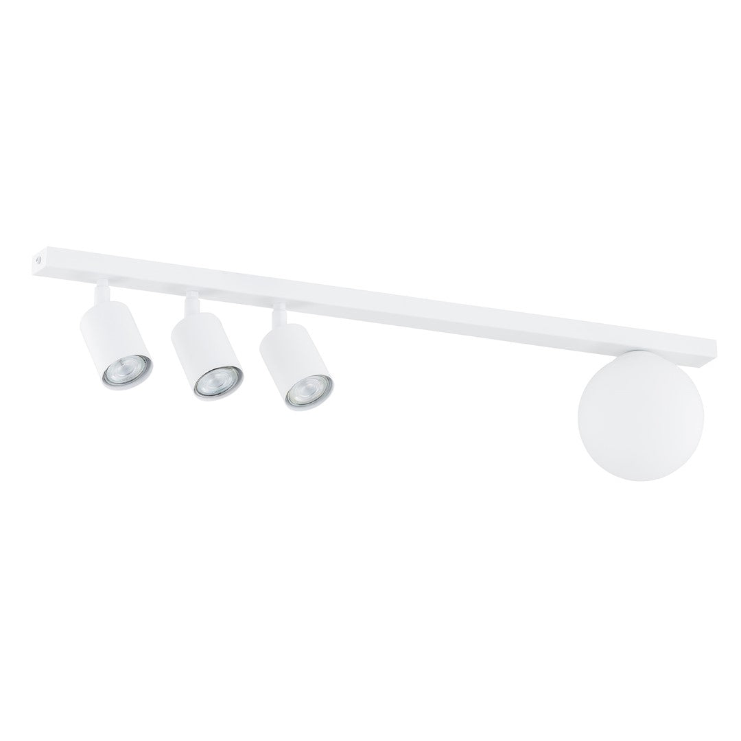 Produit blanc vu de trois quarts, trois spots orientables et globe sphérique éteint.