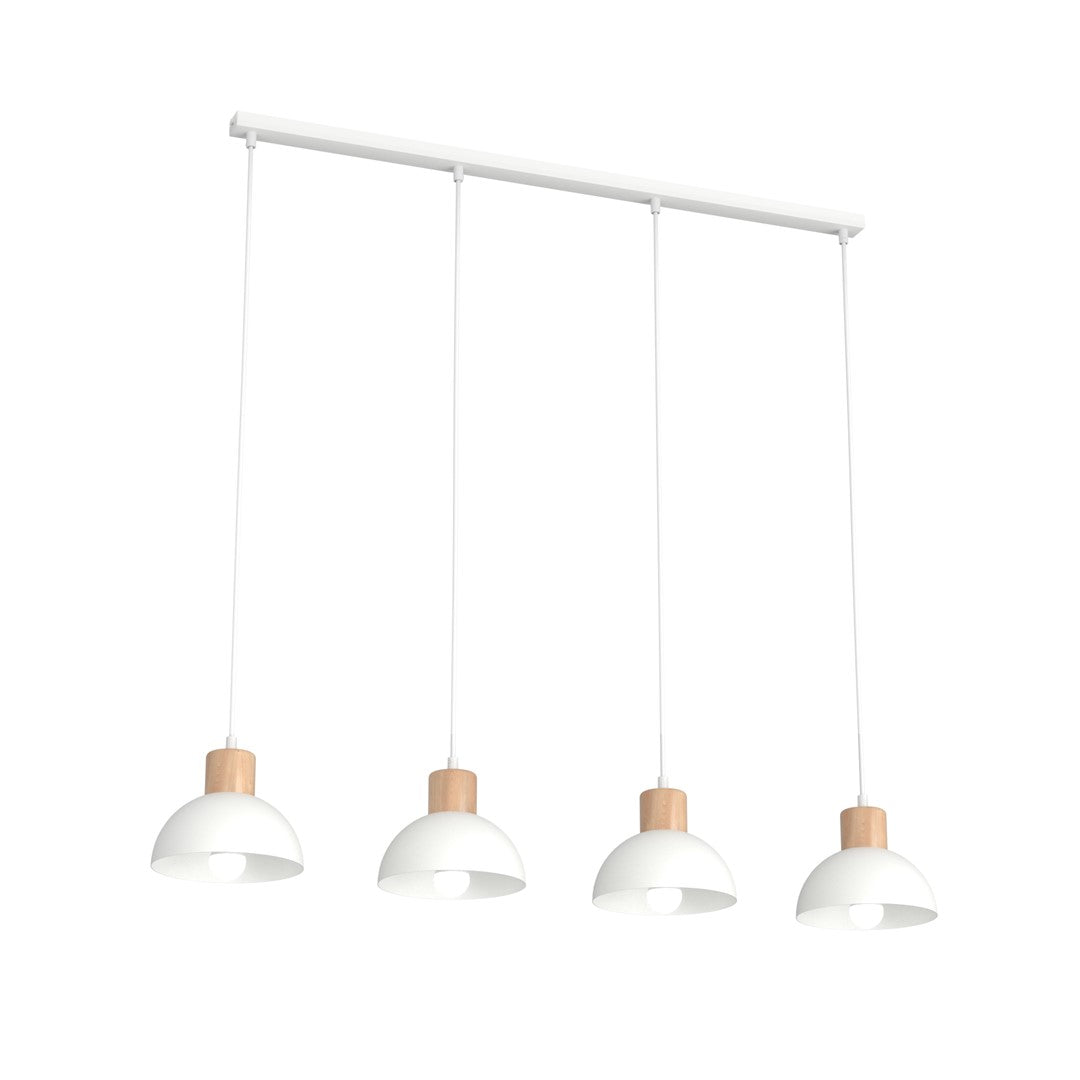 Suspension blanche à quatre abat-jour en dôme, détails en bois clair, sur fond blanc.