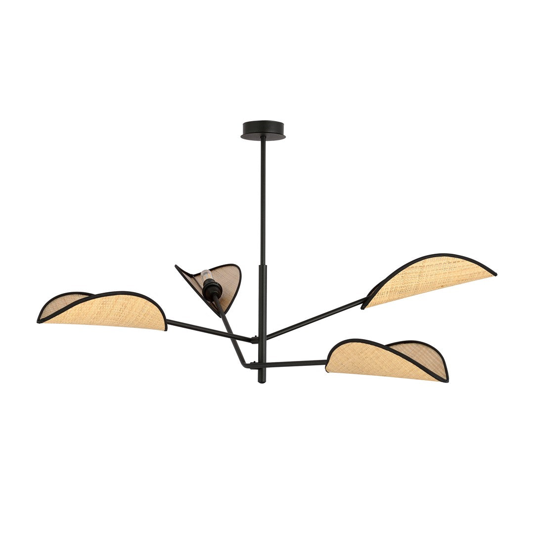 Autre angle du luminaire noir : un abat-jour relevé laisse apparaître l'ampoule et le support.