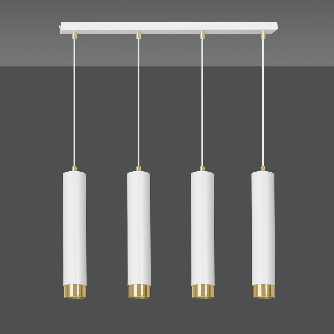 Vue de face sur fond gris foncé, quatre pendants cylindriques blancs alignés.
