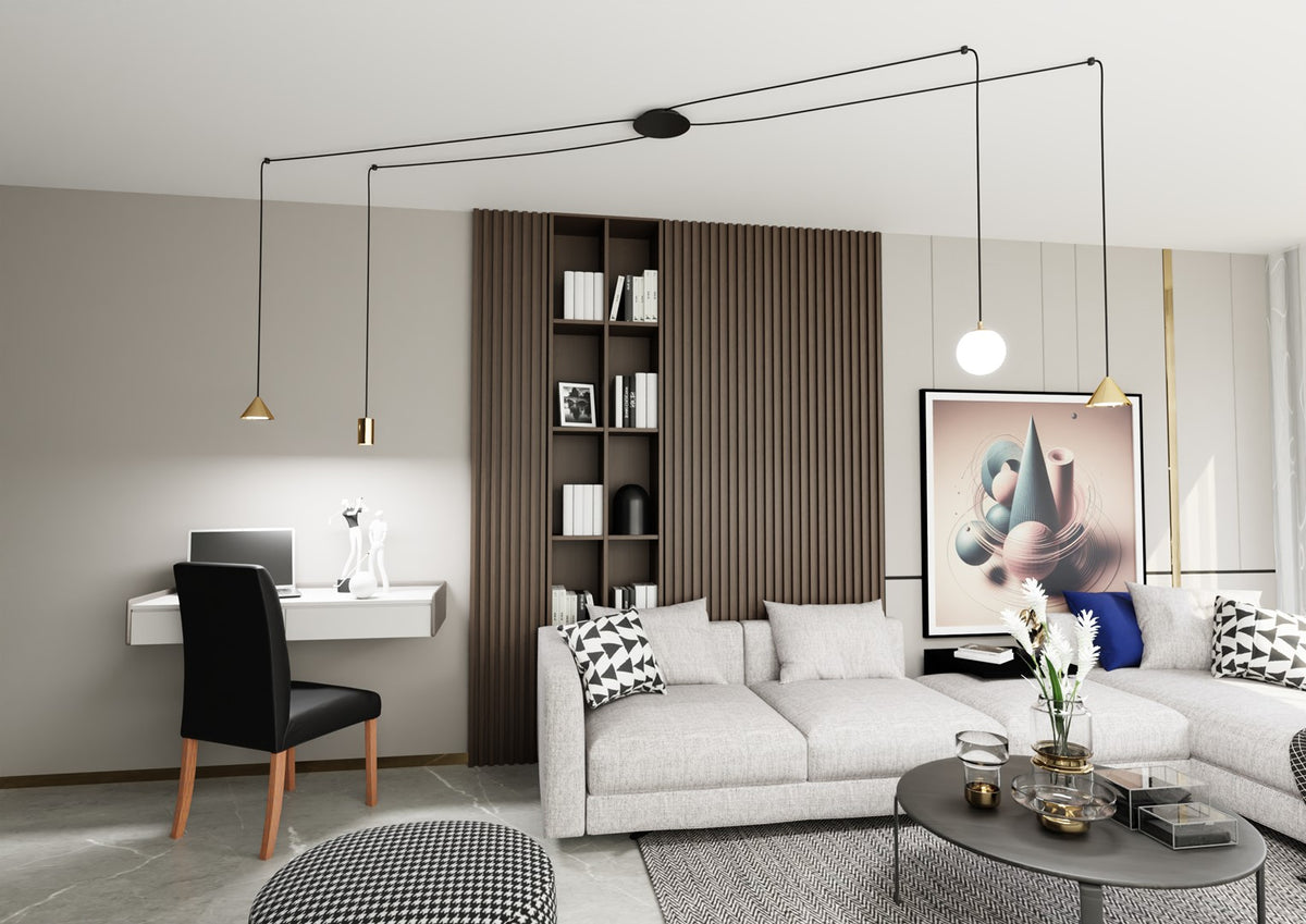 Mise en ambiance dans un salon moderne, suspension au-dessus du canapé et du bureau