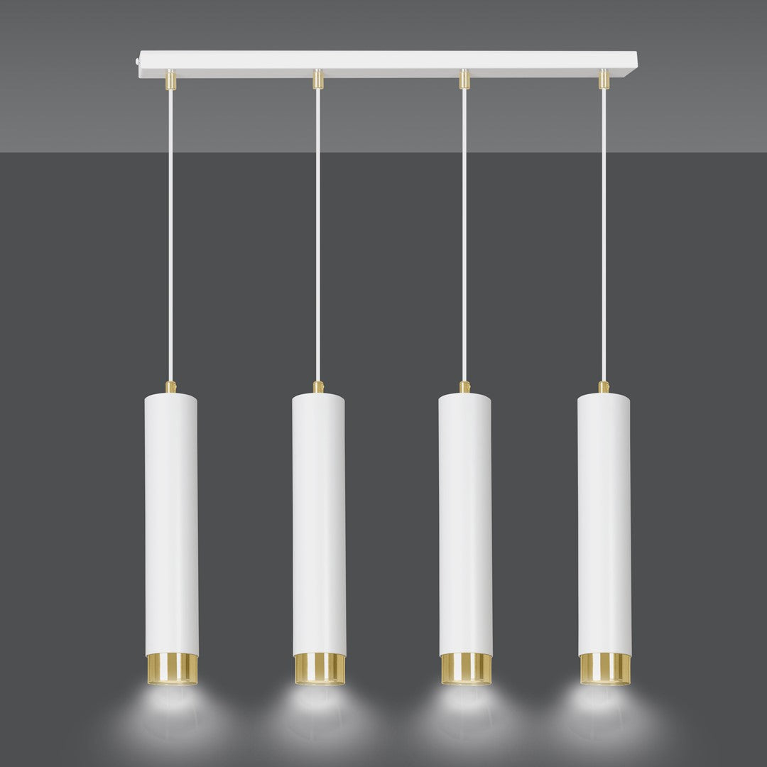 Même suspension allumée, quatre sources lumineuses projetant des halos sur fond gris.