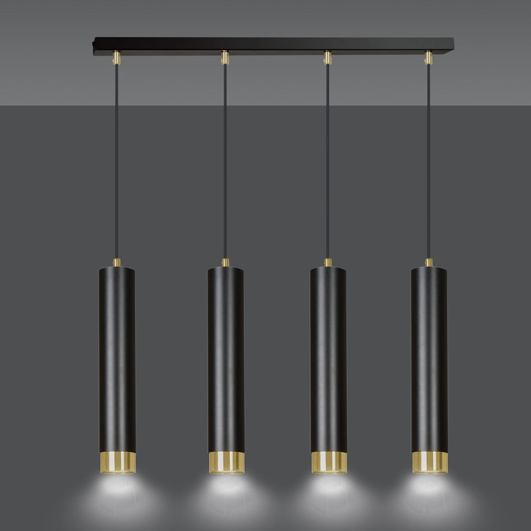 Quatre cylindres allumés projetant des cônes de lumière vers le bas