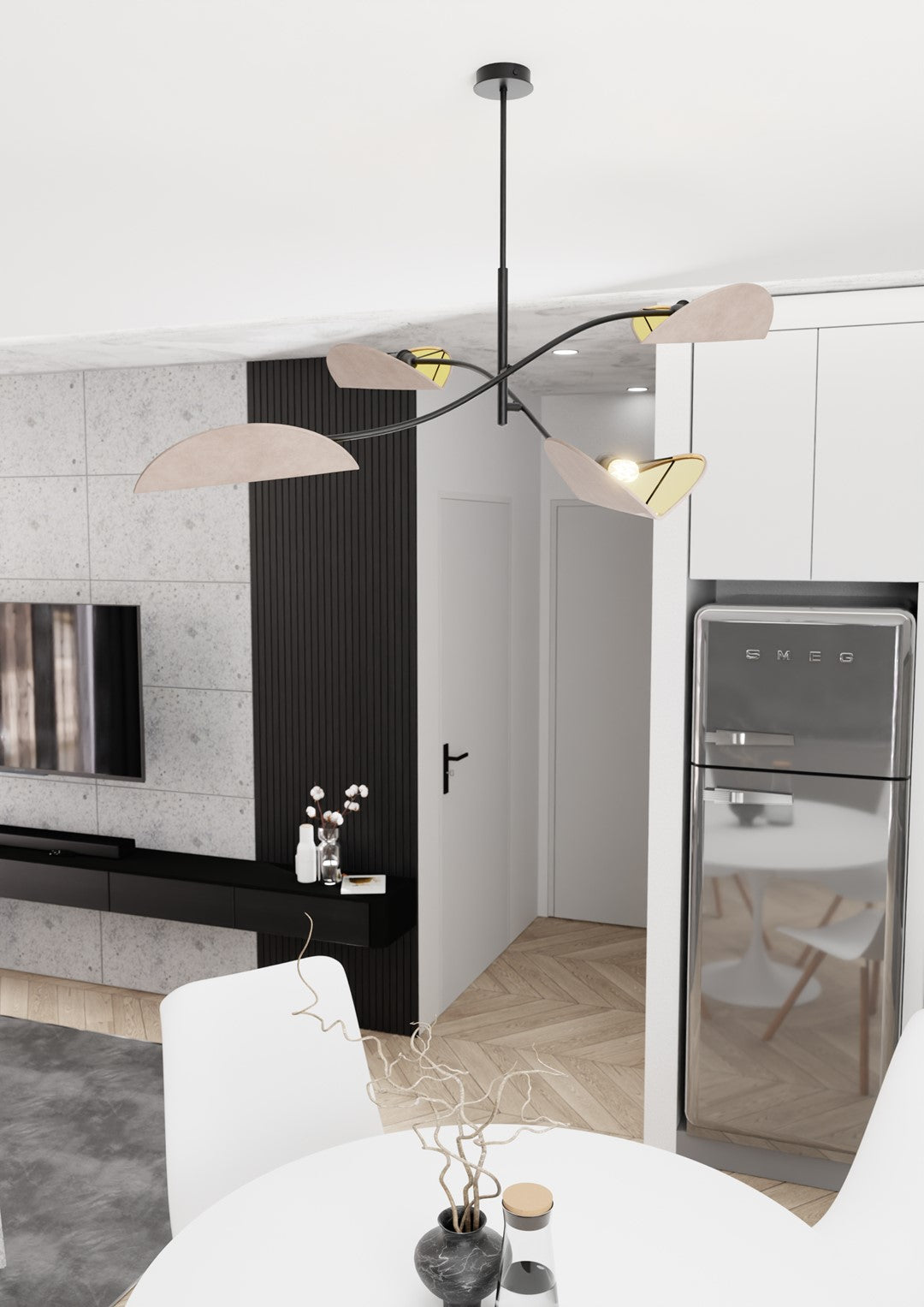 Mise en ambiance cuisine, luminaire suspendu au-dessus d'une table ronde blanche et d'un réfrigérateur