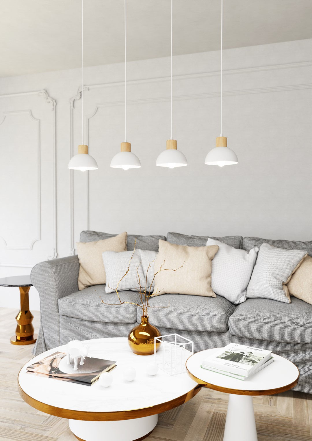 Suspension allumée au-dessus d'un canapé gris dans un salon au style classique.