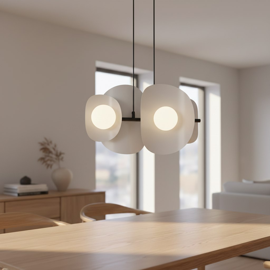 Mise en ambiance au-dessus d'une table à manger en bois dans un séjour clair