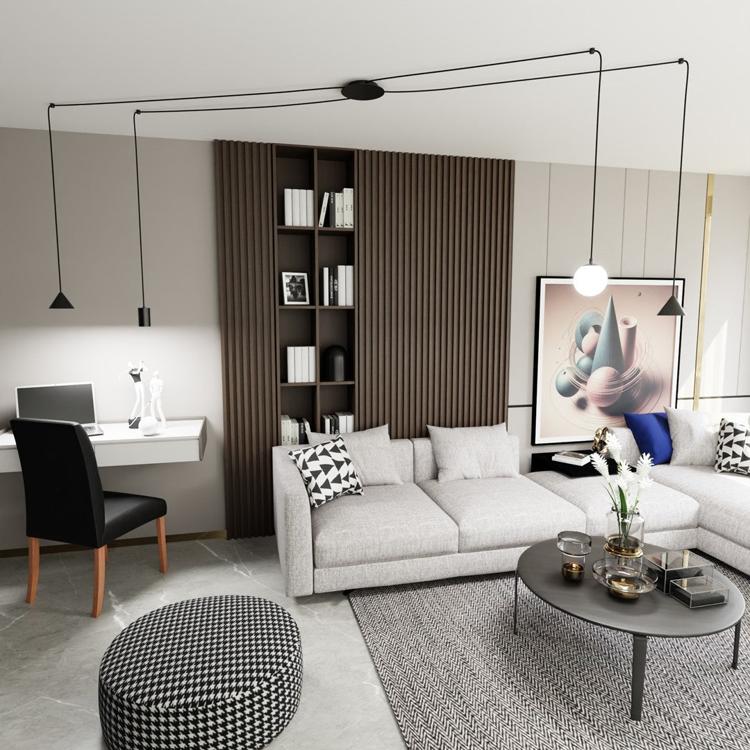 Ambiance de salon avec la suspension noire allumée au-dessus du canapé et du bureau.