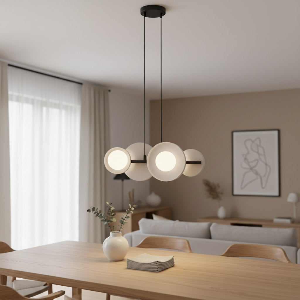 Mise en ambiance au-dessus d'une table dans une salle à manger.